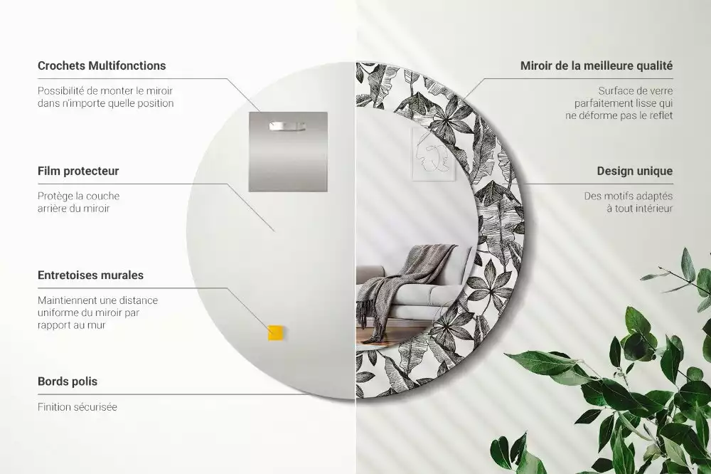 Miroir rond avec décoration Feuilles tropicales