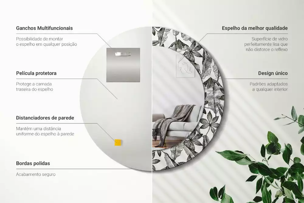 Miroir rond avec décoration Feuilles tropicales