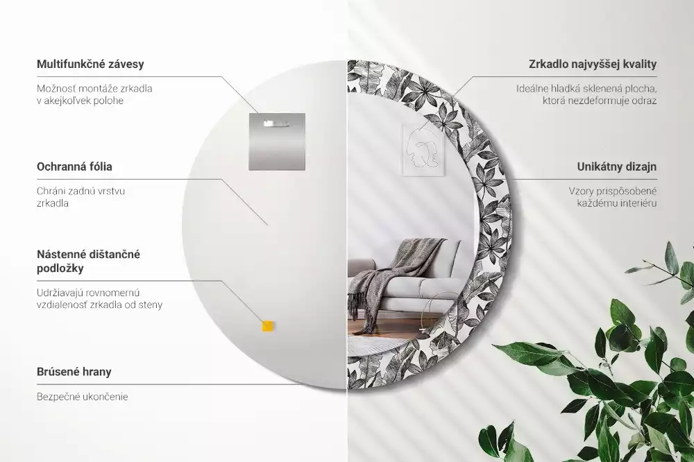 Miroir rond avec décoration Feuilles tropicales
