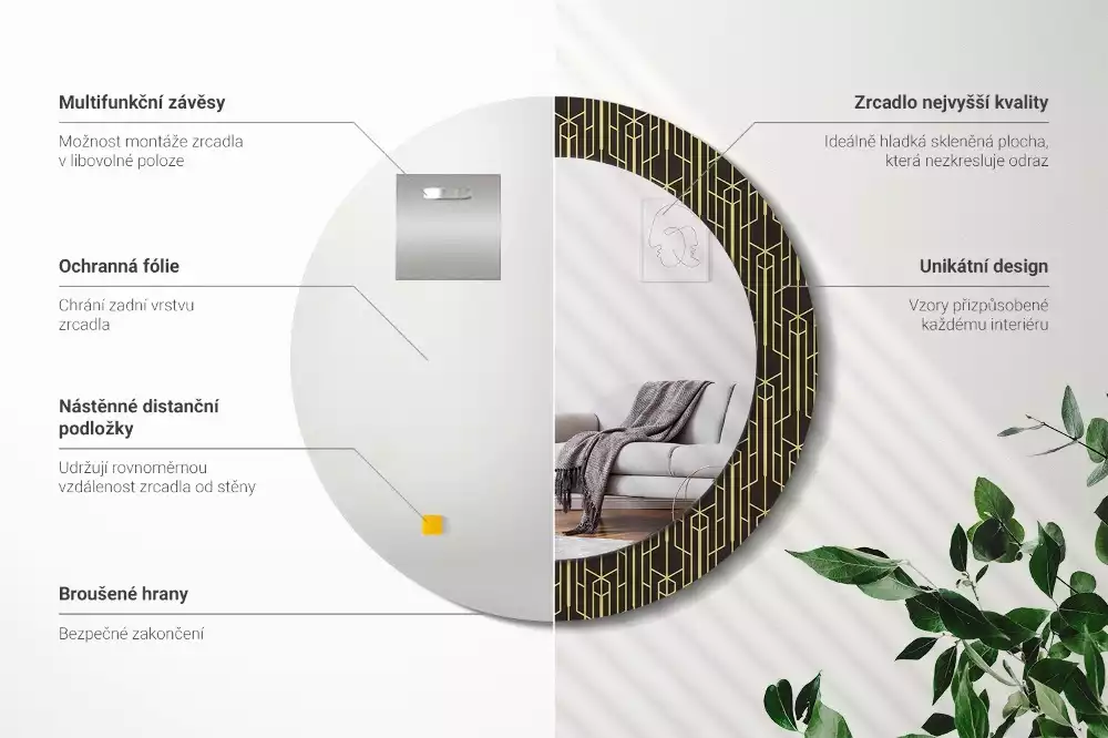 Miroir rond cadre avec impression Géométrie vintage