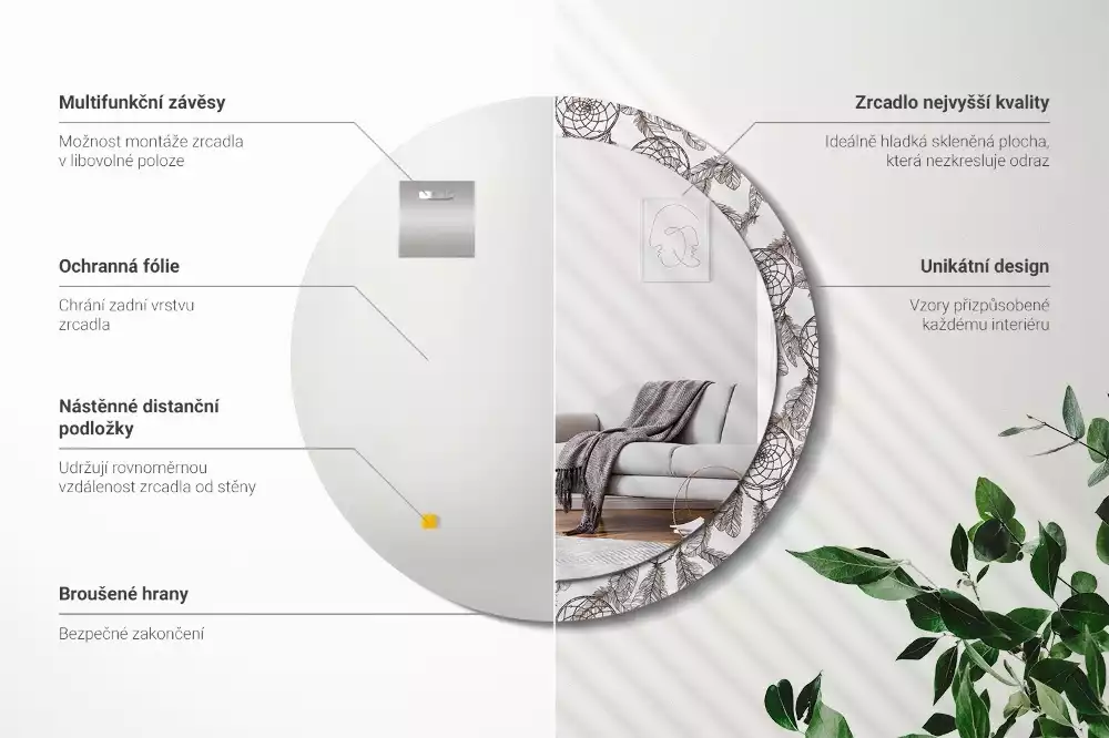 Miroir rond cadre avec impression Attrape-rêves