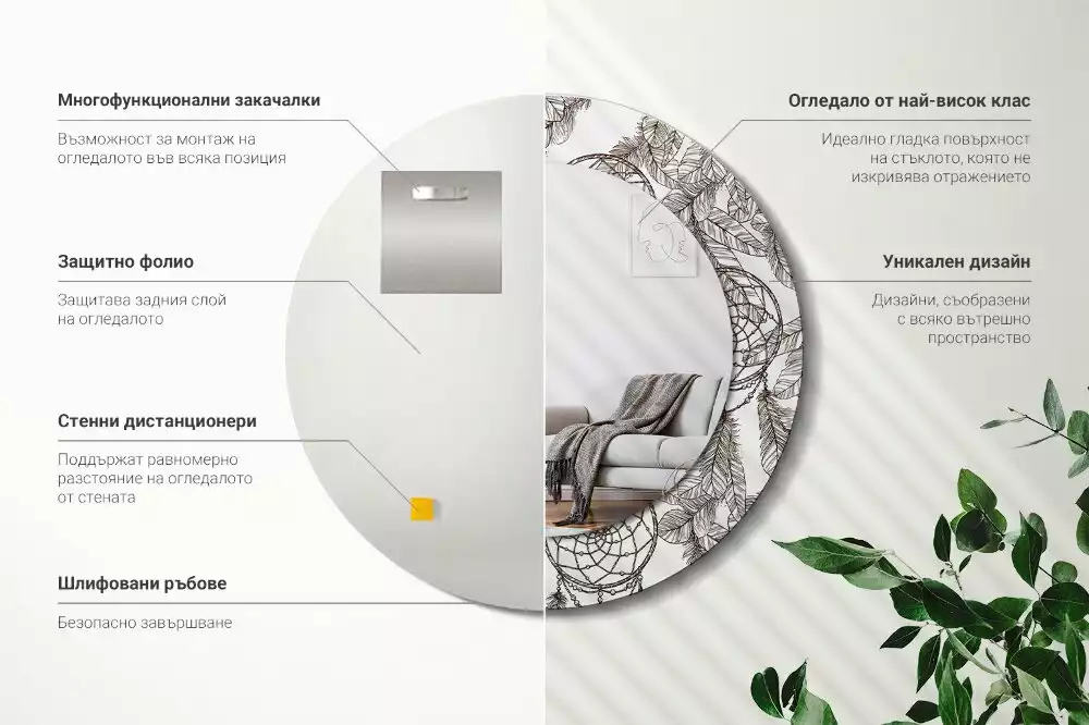 Miroir rond cadre avec impression Attrape-rêves