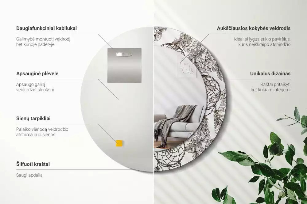 Miroir rond cadre avec impression Attrape-rêves