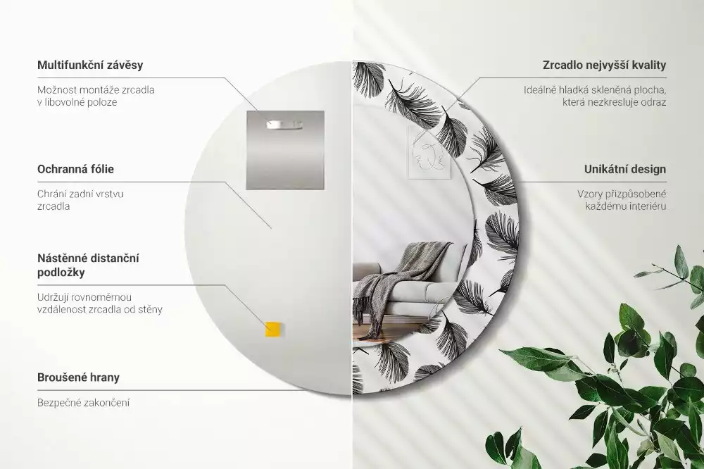 Miroir rond imprimé Plumes