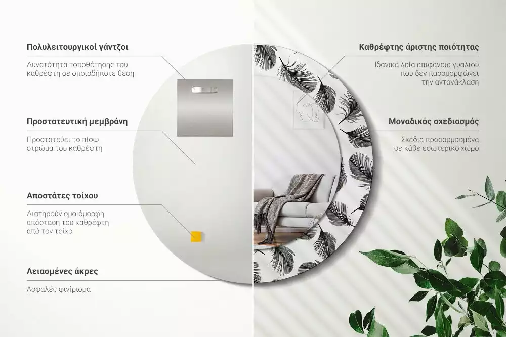 Miroir rond imprimé Plumes