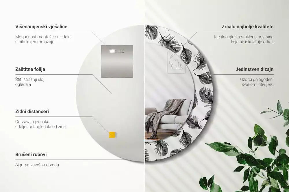 Miroir rond imprimé Plumes