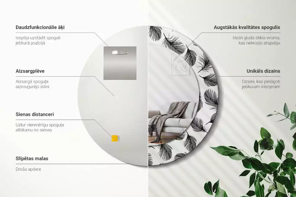 Miroir rond imprimé Plumes