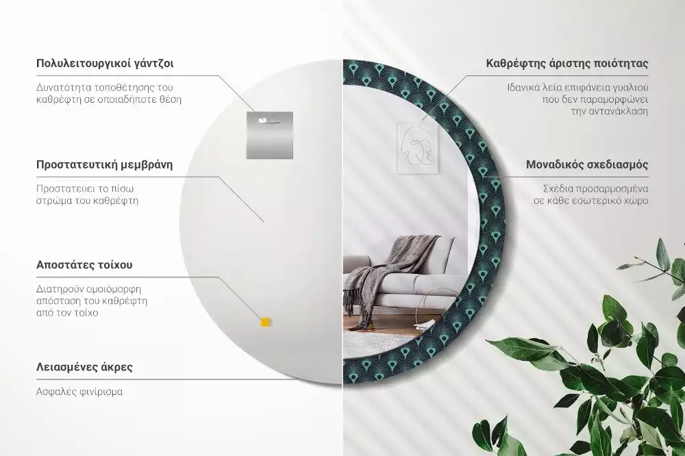 Miroir rond cadre avec impression Motif floral