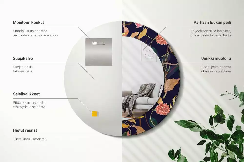 Miroir rond cadre avec impression Plantes aquarelles