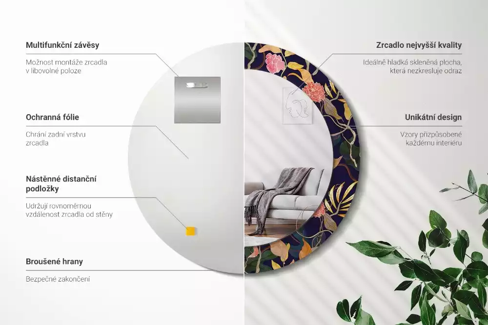 Miroir rond cadre avec impression Plantes aquarelles