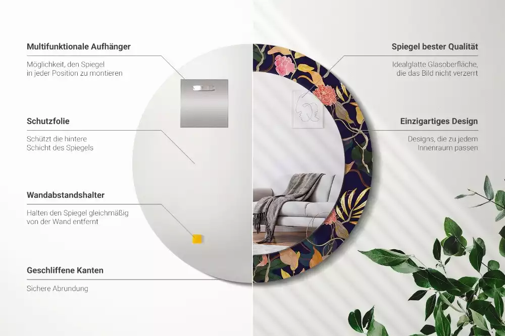 Miroir rond cadre avec impression Plantes aquarelles