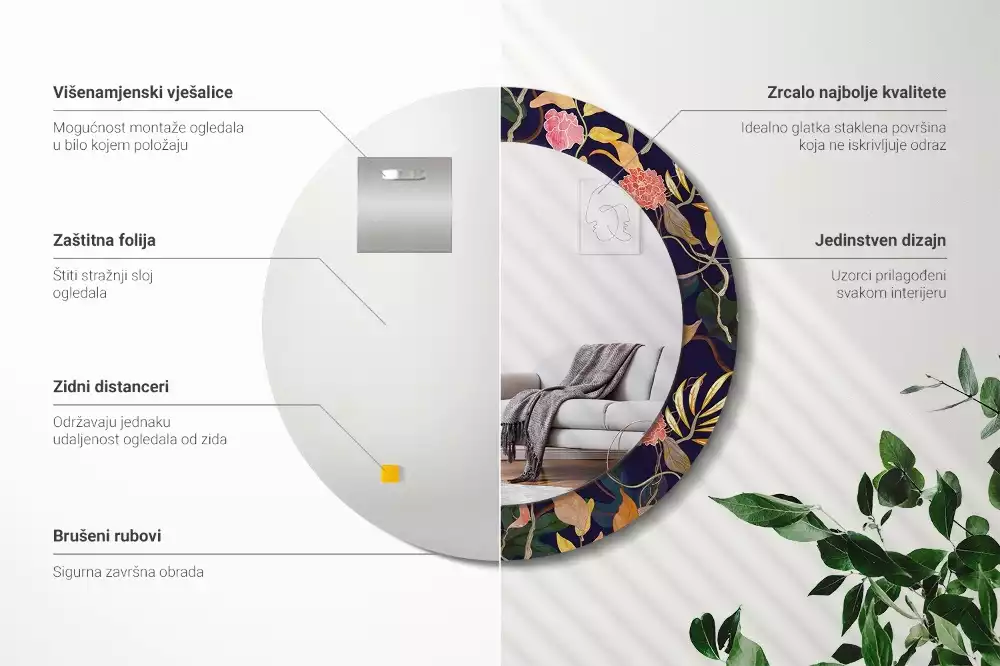 Miroir rond cadre avec impression Plantes aquarelles