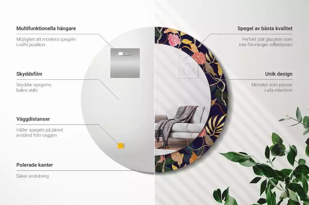 Miroir rond cadre avec impression Plantes aquarelles