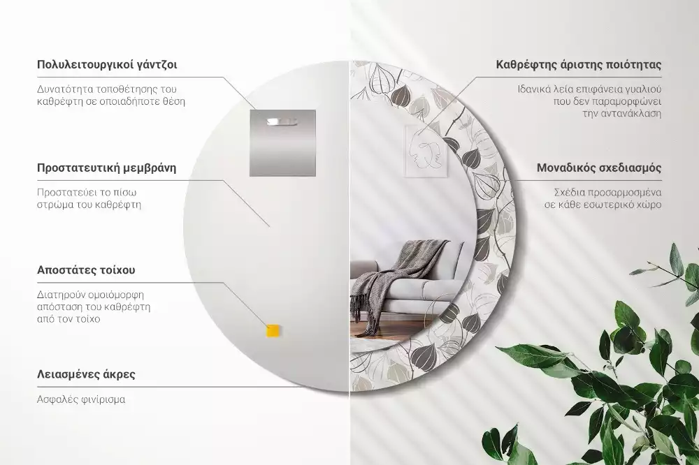 Miroir rond avec décoration Fleurs abstraites