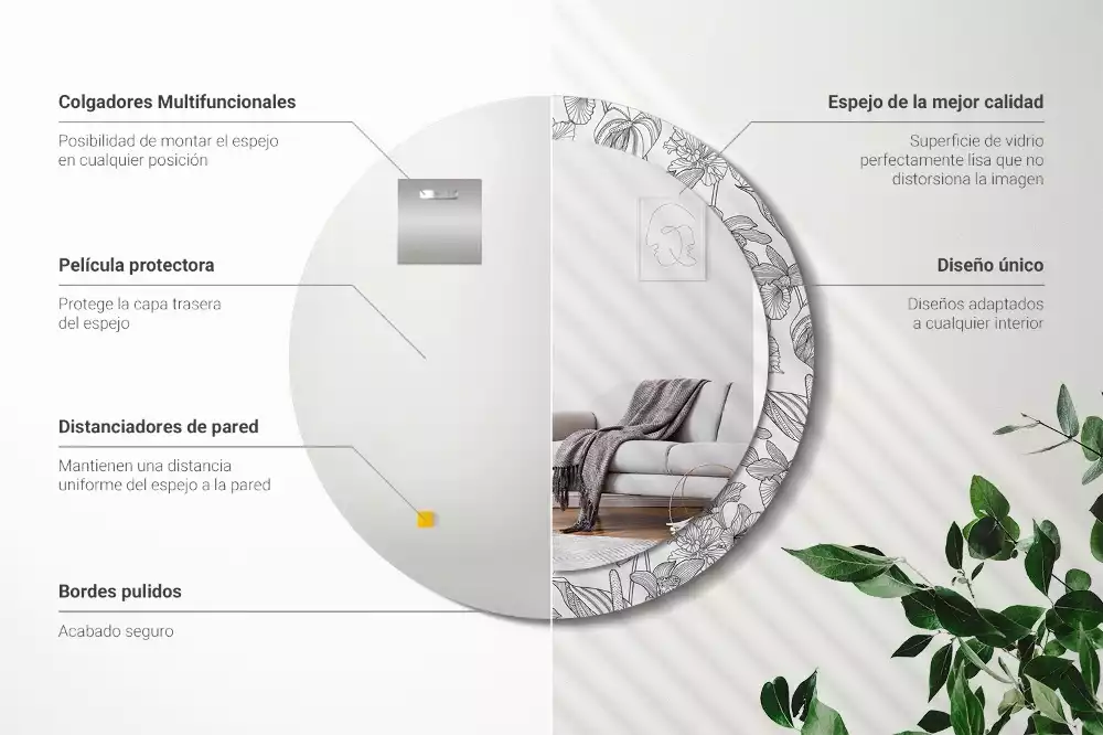 Miroir rond cadre avec impression Motif floral