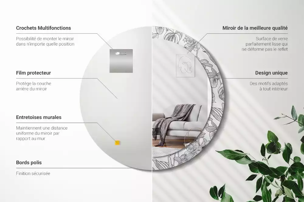 Miroir rond cadre avec impression Motif floral