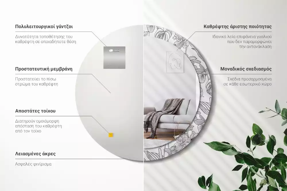 Miroir rond cadre avec impression Motif floral