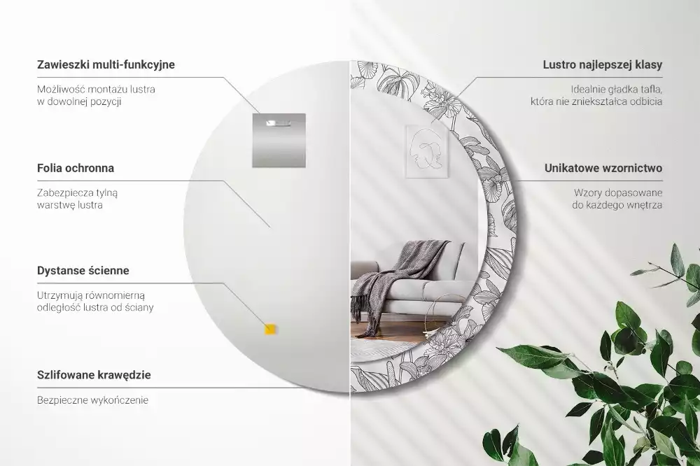 Miroir rond cadre avec impression Motif floral