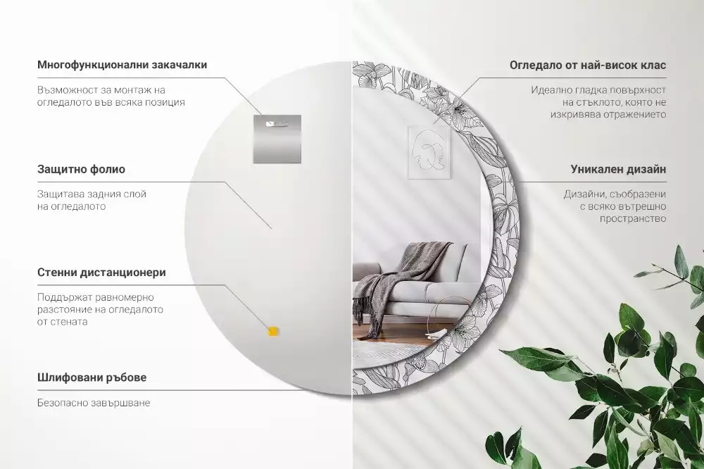 Miroir rond cadre avec impression Motif floral