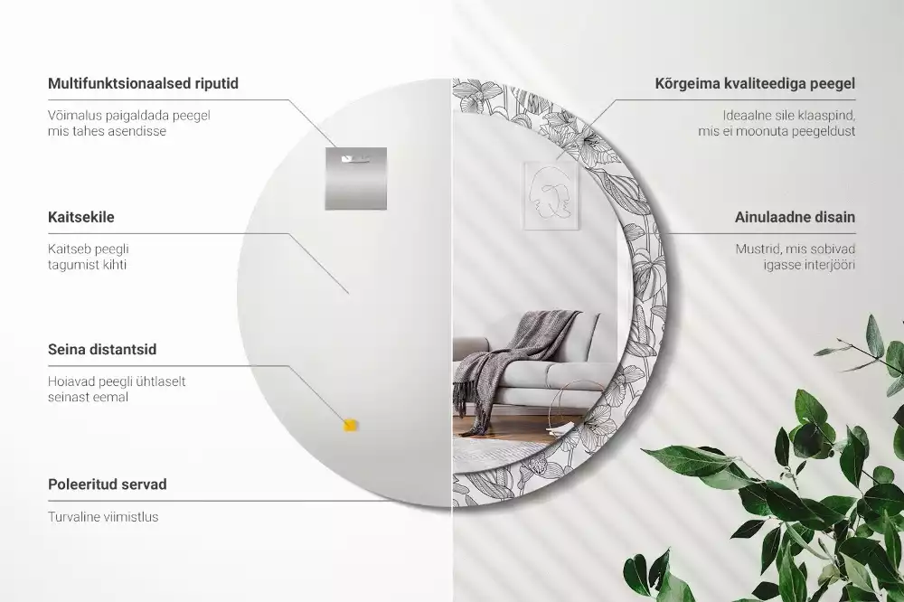 Miroir rond cadre avec impression Motif floral