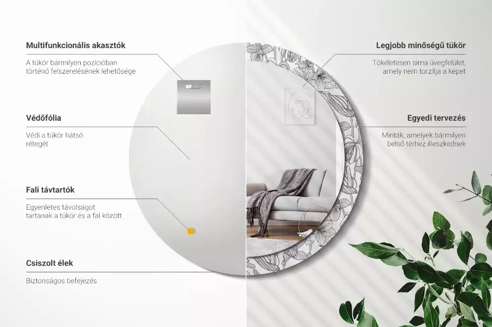 Miroir rond cadre avec impression Motif floral