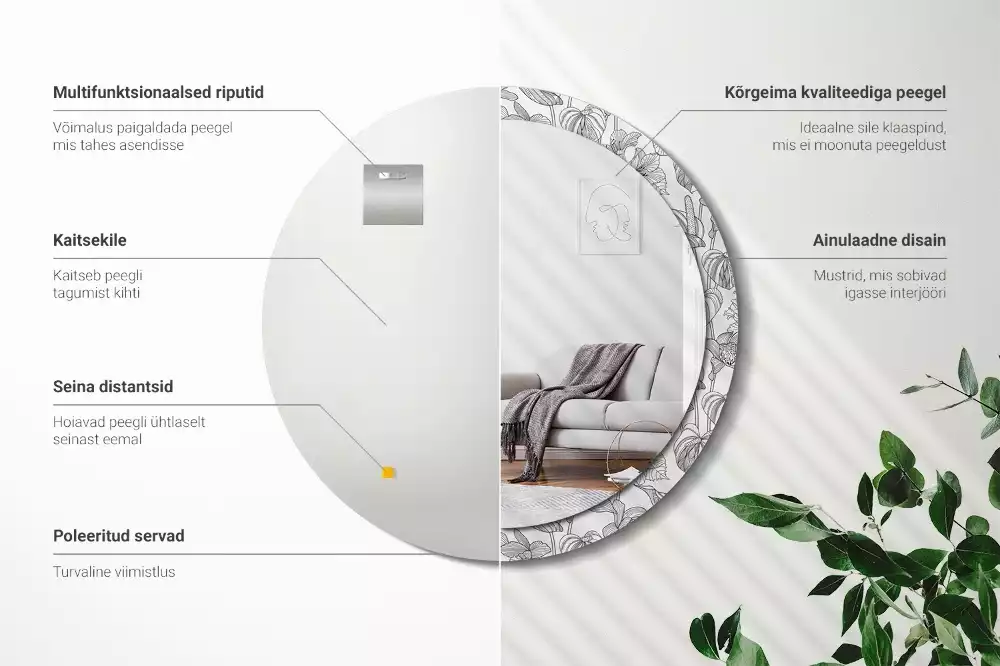 Miroir rond cadre avec impression Motif floral