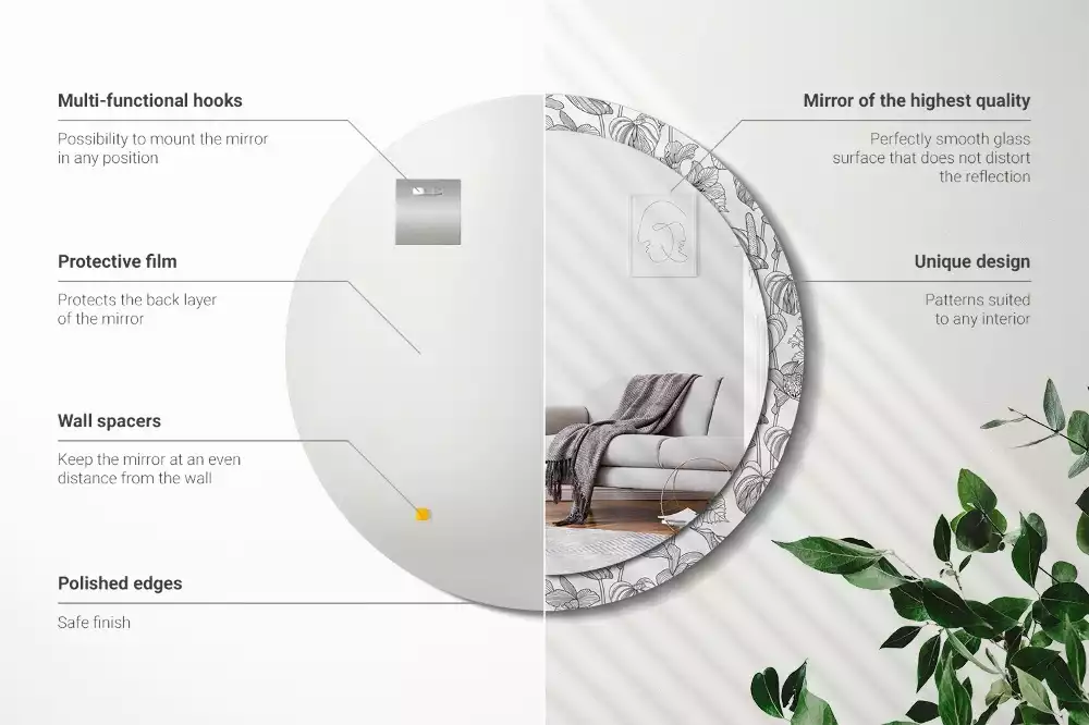 Miroir rond cadre avec impression Motif floral