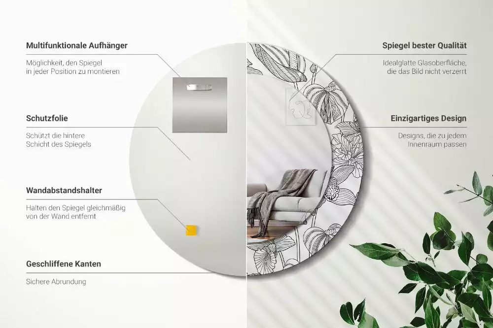 Miroir rond cadre avec impression Motif floral