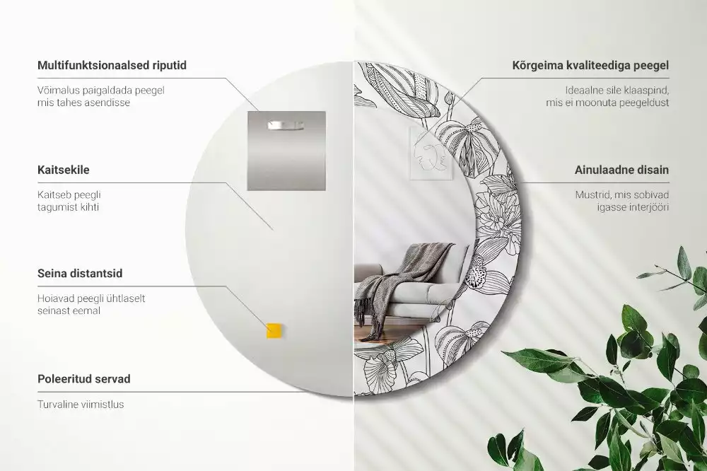 Miroir rond cadre avec impression Motif floral