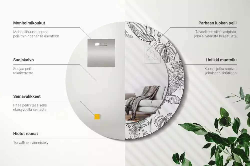 Miroir rond cadre avec impression Motif floral