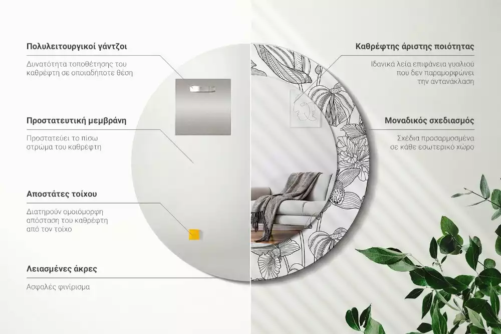 Miroir rond cadre avec impression Motif floral