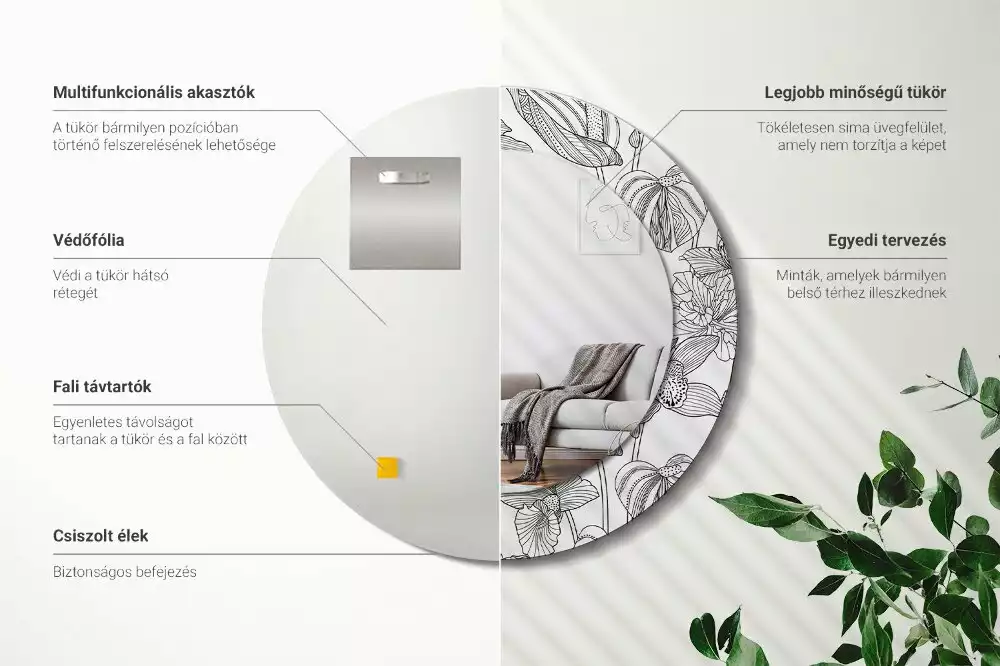 Miroir rond cadre avec impression Motif floral