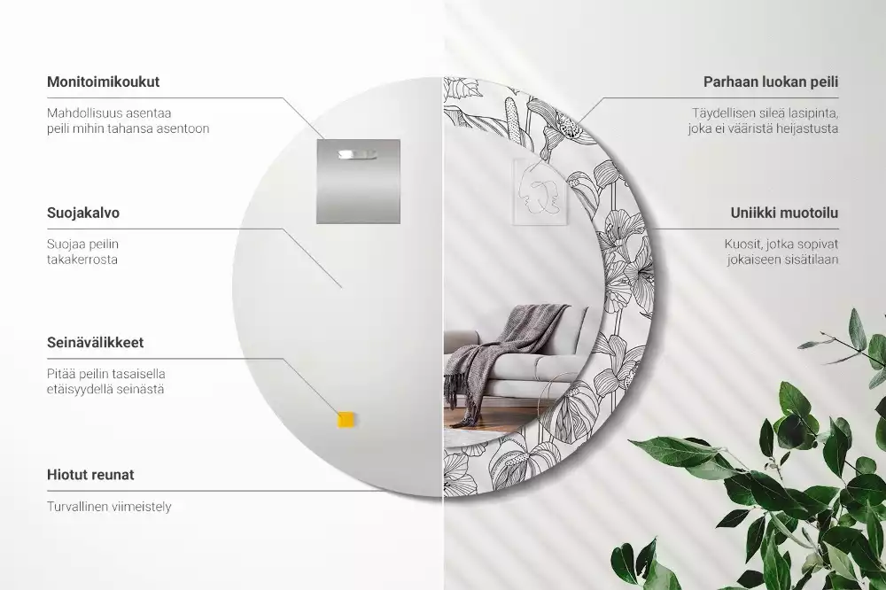 Miroir rond cadre avec impression Motif floral