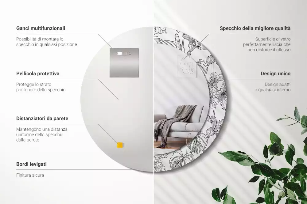 Miroir rond cadre avec impression Motif floral