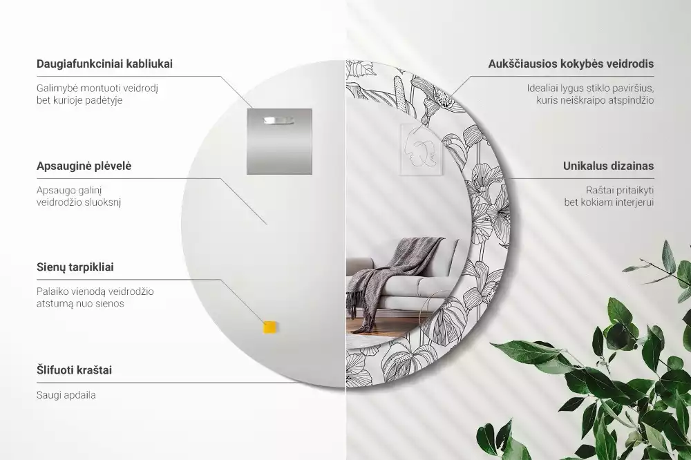 Miroir rond cadre avec impression Motif floral