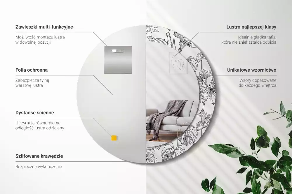 Miroir rond cadre avec impression Motif floral