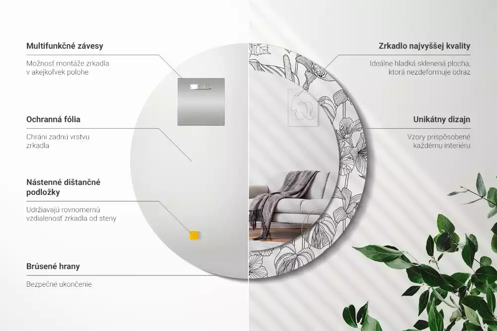 Miroir rond cadre avec impression Motif floral