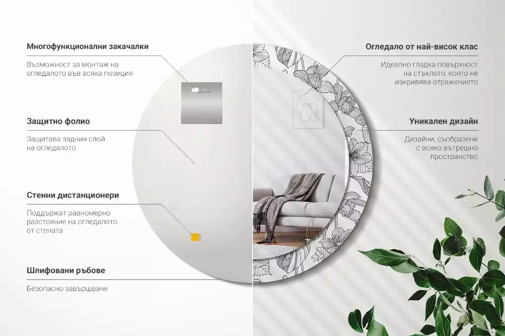 Miroir rond cadre avec impression Motif floral