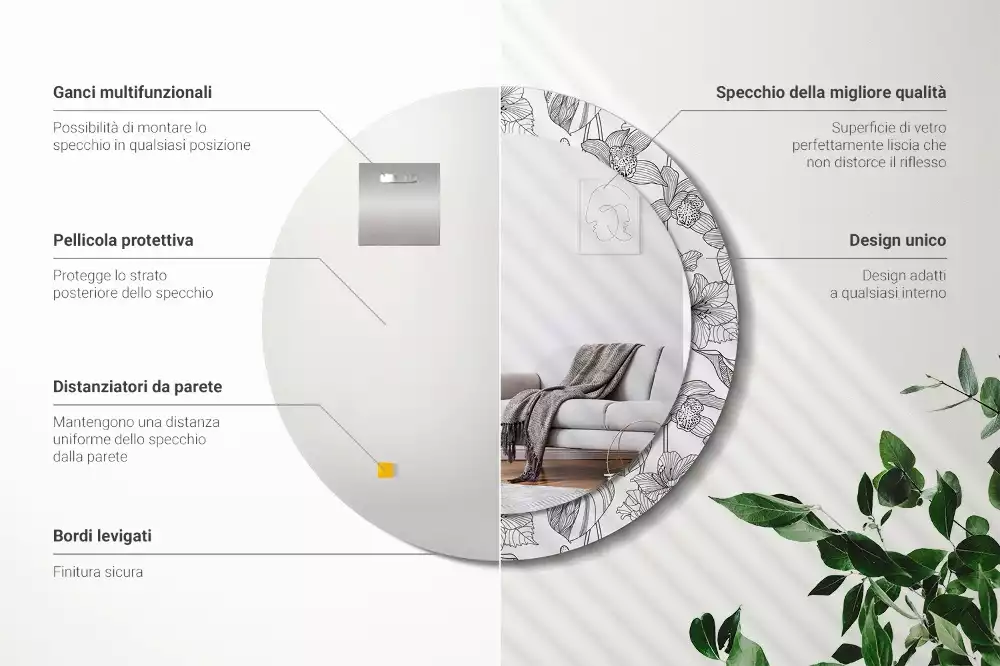 Miroir rond cadre avec impression Motif floral