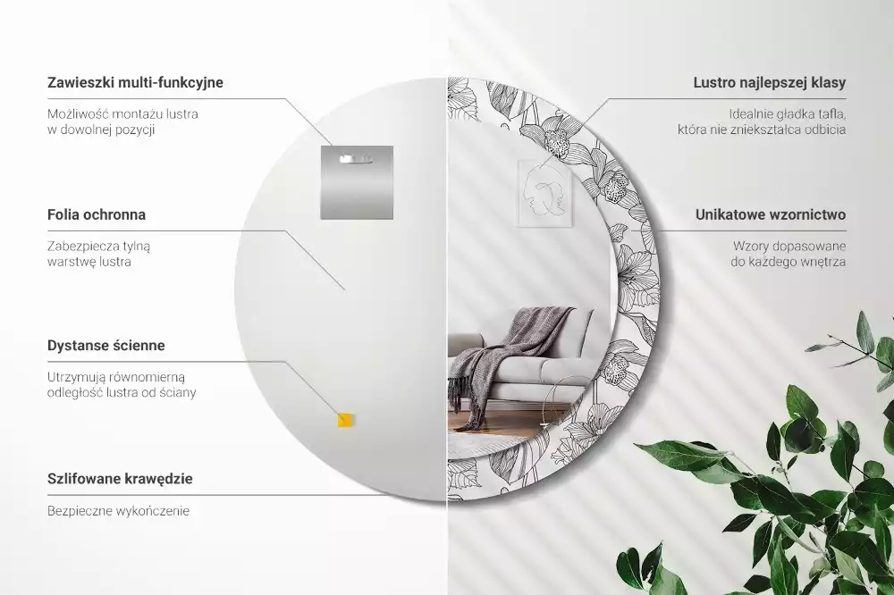 Miroir rond cadre avec impression Motif floral