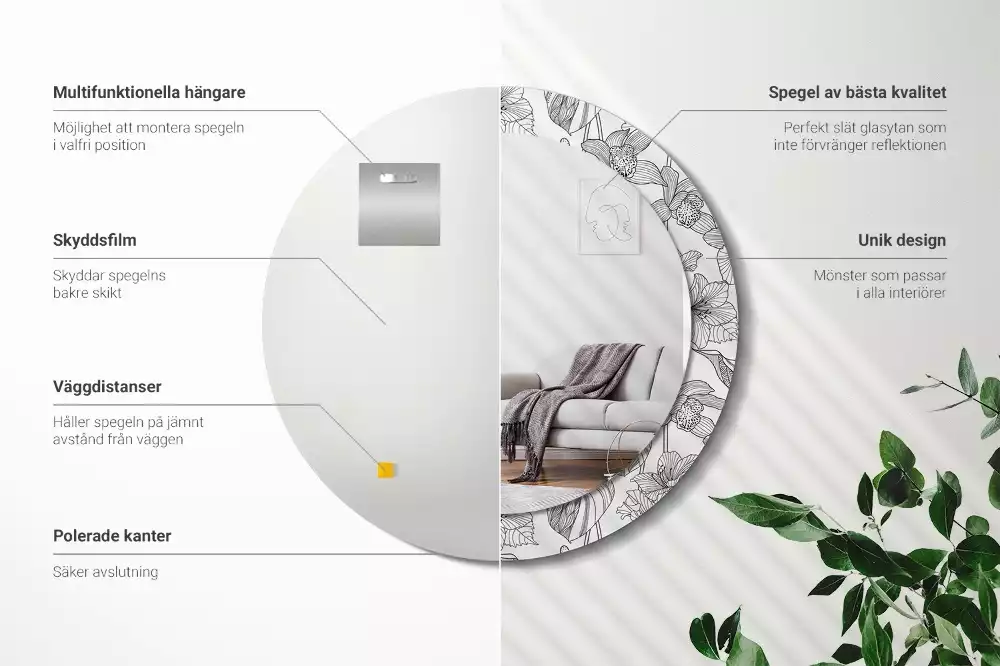 Miroir rond cadre avec impression Motif floral