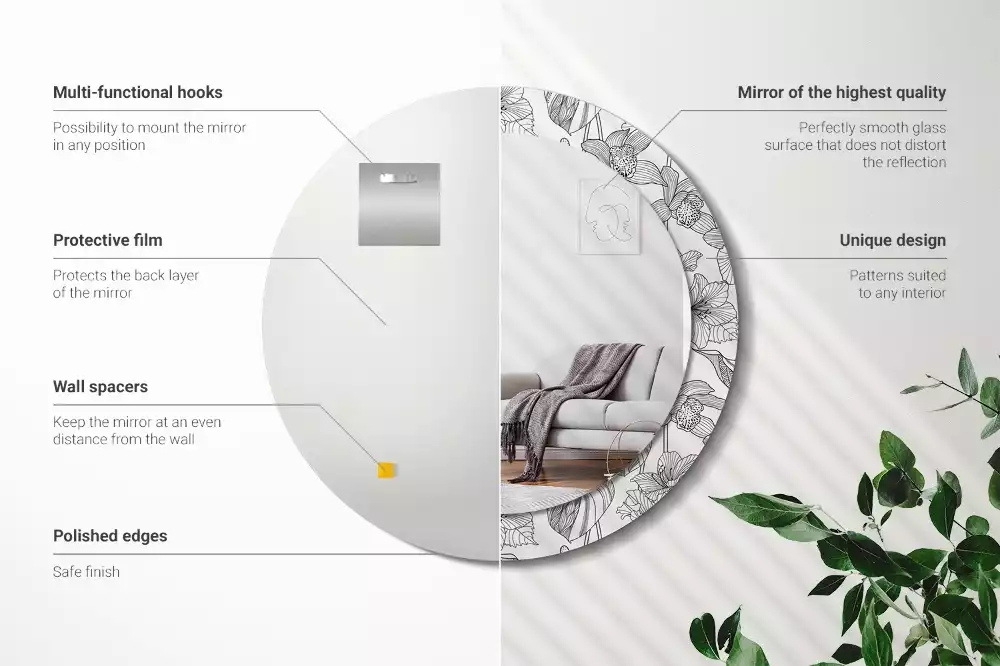 Miroir rond cadre avec impression Motif floral