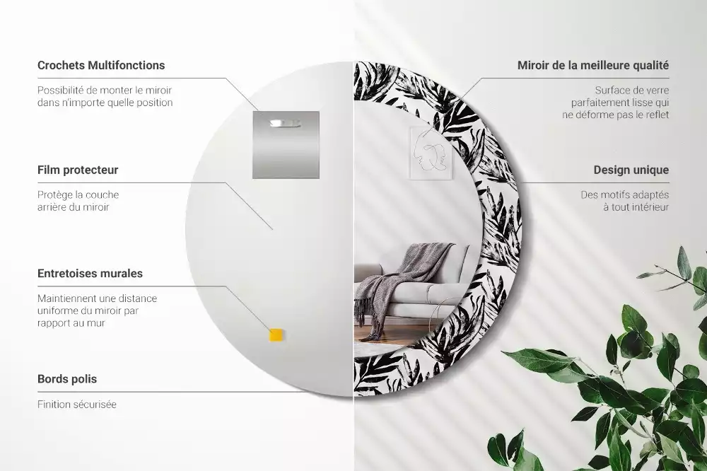 Miroir rond avec décoration Monstera