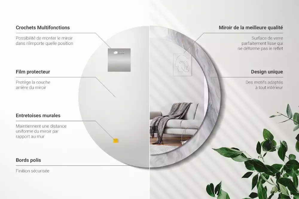 Miroir rond cadre avec impression Marbre abstrait