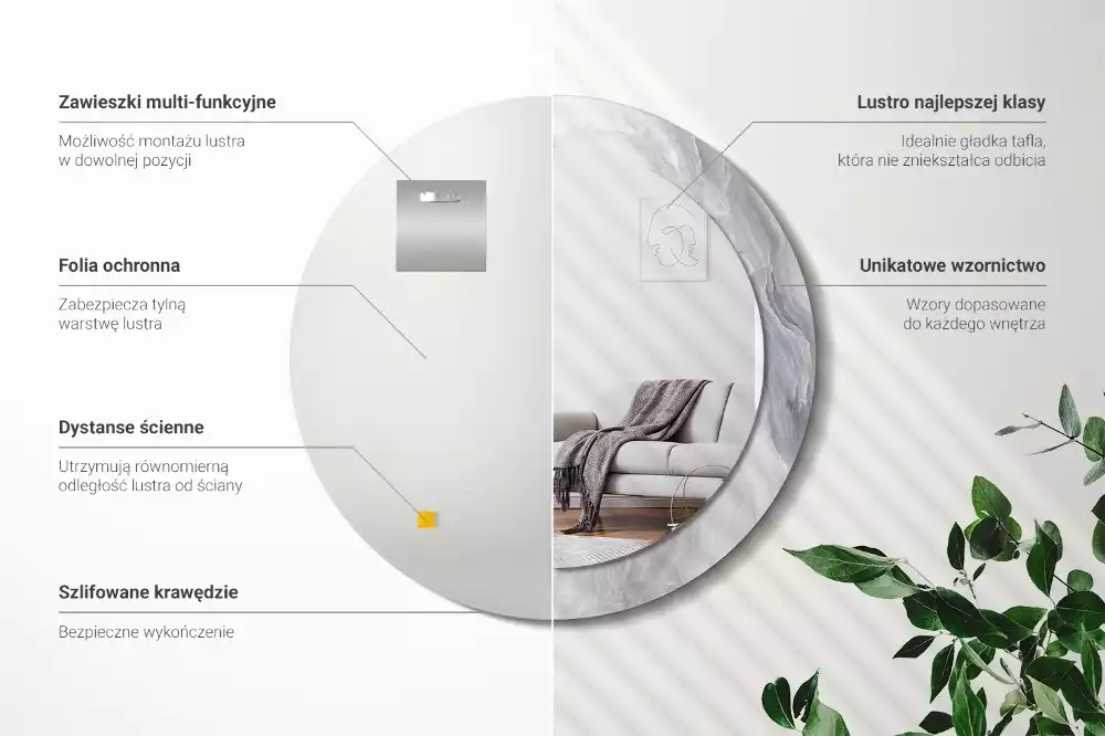 Miroir rond cadre avec impression Marbre abstrait