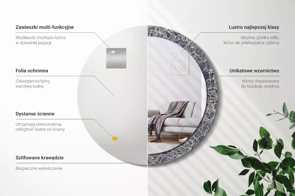 Miroir rond cadre avec impression Fleurs