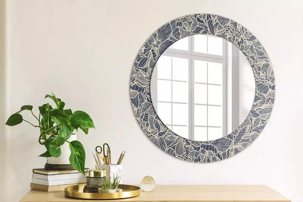 Miroir rond cadre avec impression Fleurs