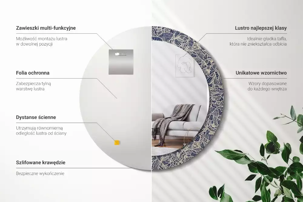 Miroir rond cadre avec impression Fleurs