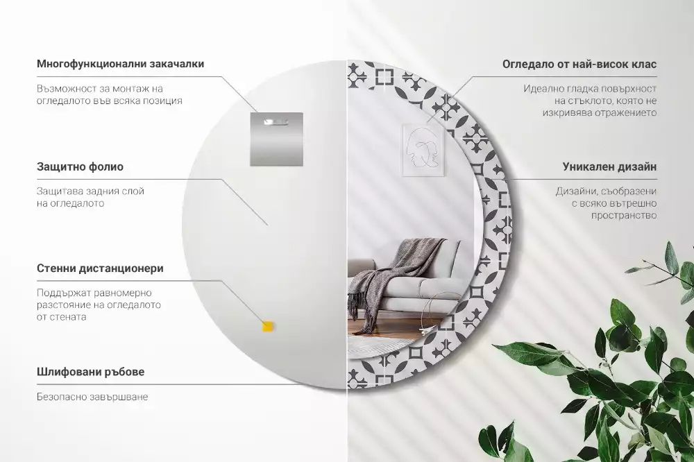 Miroir rond cadre avec impression Motif carrelage