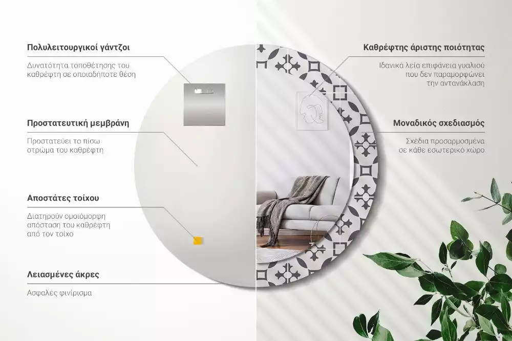 Miroir rond cadre avec impression Motif carrelage